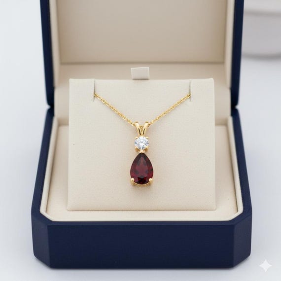 Garnet and Moissanite Pendant Necklace | January Birthstone Jewelry | Gold & Silver Plated | Minimalist Gemstone Necklace