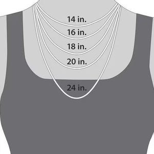 Puede incluir: Ilustraci&oacute;n que muestra longitudes de collares. Se muestran cinco collares de diferentes longitudes sobre un fondo gris. Las longitudes est&aacute;n etiquetadas: 14 pulg. (35,56 cm), 16 pulg. (40,64 cm), 18 pulg. (45,72 cm), 20 pulg. (50,8 cm) y 24 pulg. (60,96 cm).