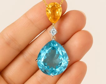 Citrine, Zircon & Aquamarine Necklace | Luxury Multi-Gemstone Pendant | Sparkling Handmade Jewelry