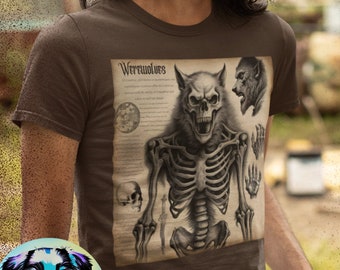 May include: A brown t-shirt with a vintage illustration of a werewolf skeleton. The illustration includes the text "Werewolves". The person wearing the shirt is holding a crossbow.