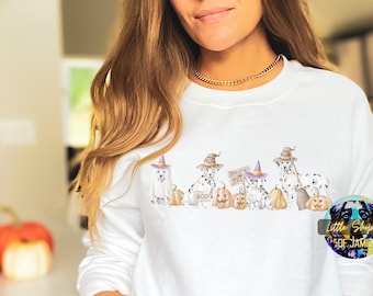 May include: White sweatshirt with a graphic of five Dalmatian dogs dressed in Halloween costumes. The dogs are holding pumpkins and a sign that says "Trick or Treat".