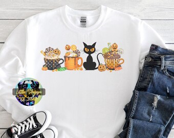 Halloween Coffee graphic Sweatshirt Black cat Halloween gift coffee lover gift cute cat Sweater gift for cat lover Pumpkin Spice autumn gift