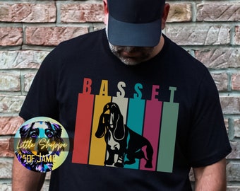 Basset Hound Silhouette Grafik T-Shirt Basset Besitzer Geschenk moderne Pop Art Streetwear buntes T-Shirt Hundeliebhaber Basset Shirt Hundemutter Hemden