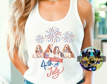 Basset Hound Fourth of July Racerback Tank Top Basset mama dog lover shirt 4th of July dog gift Basset tank top Independence Day USA America