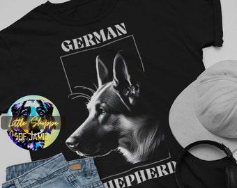 May include: Black t-shirt with a white graphic of a German Shepherd's head and the text "GERMAN SHEPHERD".