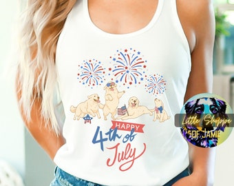 Golden Retriever Quatro de Julho Racerback Regata Retriever mama camisa 4 de julho presente para cachorro regata para cães Dia da Independência EUA regata americana