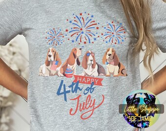 Camiseta gráfica Basset Hound Quatro de Julho Basset Hound mama camiseta amante de cães camiseta 4 de julho presente para cães camisa para cães Dia da Independência