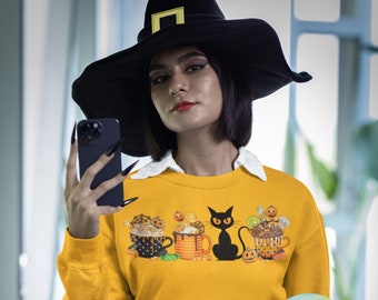 Halloween Coffee graphic Sweatshirt Black cat Halloween gift coffee lover gift cute cat Sweater gift for cat lover Pumpkin Spice autumn gift