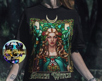 Grüne Hexenhemden für Hexen, Wicca, Geschenke, Pagan Shirts, Goblincore Kleidung witchy t-shirt, Waldhexe Cottagecore Shirts, Jugendstil