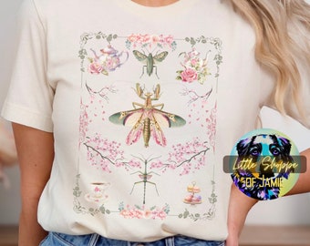 Vintage insect floral graphic tee shirt entomology shirt bug collector gift praying mantis lover cottagecore gifts tea lover antique tea cup