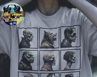 Pode incluir: Uma camiseta cinza com uma estampa gráfica de nove personagens clássicos de filmes de monstros em preto e branco em quadrados. Os personagens incluem Drácula, o monstro de Frankenstein, o lobisomem, a criatura da lagoa negra, a múmia, a noiva de Frankenstein, o homem invisível, a bruxa e o zumbi.