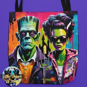 Halloween Frankenstein Reusable Canvas Tote Bag American Gothic Halloween trick-or-treat bag eco-friendly shopping bag spooky season totebag