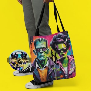 Halloween Frankenstein Reusable Canvas Tote Bag American Gothic Halloween trick-or-treat bag eco-friendly shopping bag spooky season totebag