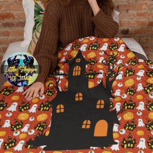 Haunted House Halloween Velveteen Plush Blanket Halloween gift Spooky season blanket Spooky vibe gift warm autumn blanket fuzzy blanket soft