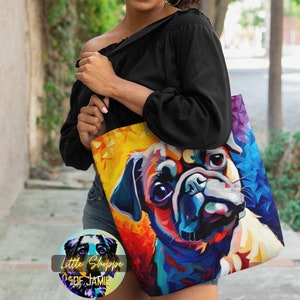 Pug Portrait reusable canvas tote bag beach tote bag dog lover gift pug mom gifts grocery shopping bag book tote bags pug bags dog mom gifts