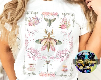 Vintage insect floral graphic tee shirt entomology shirt bug collector gift praying mantis lover cottagecore gifts tea lover antique tea cup