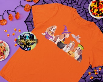 Halloween Basset Hound grafica t-shirt regalo amante del cane Basset Hound mamma camicia Spooky Season t-shirt Halloween abbigliamento insegnante di scuola camicia