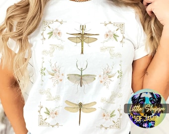 Vintage insect floral graphic tee shirt entomology shirt bug collector gift praying mantis lover cottagecore gift Insect collection t-shirts