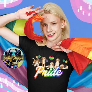 Peut inclure: T-shirt noir avec un motif "Pride" arc-en-ciel représentant des chiens de dessin animé, un cœur arc-en-ciel et des étoiles. La personne tient un drapeau arc-en-ciel. Le fond est bleu avec des accents arc-en-ciel. Le t-shirt porte le logo "Little Shoppe of Jamie".
