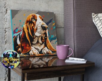May include: A colourful painting of a basset hound dog with a blue, green and yellow background. The dog is lying down and looking up at the viewer.