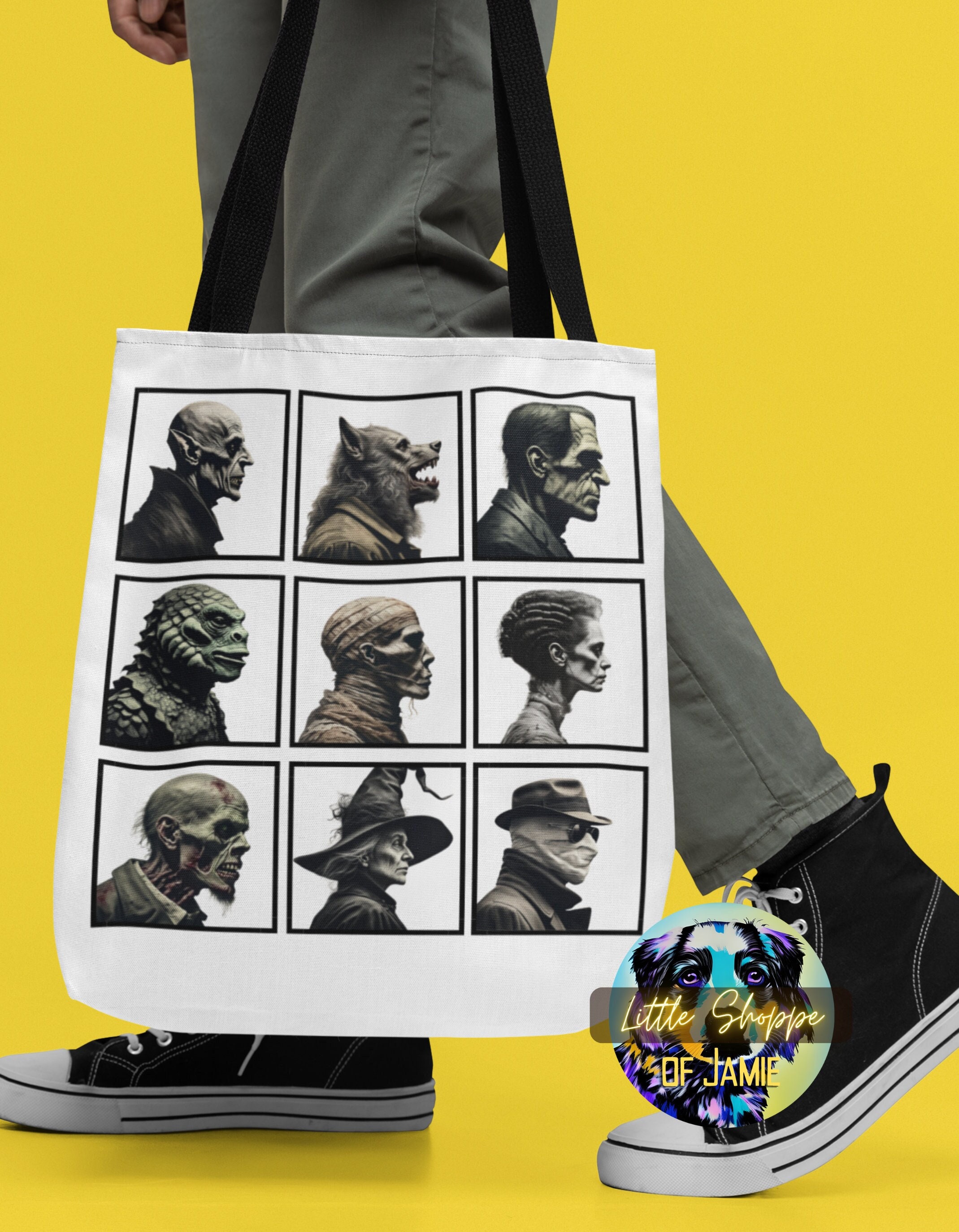 Classic Halloween Monster reusable canvas tote bag Shopping bag Trick-or-treat bag Grocery bag Spooky season gift Horror lover tote bag gift