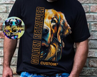 Könnte beinhalten: Ein schwarzes T-Shirt mit einer bunten Illustration eines Golden Retriever-Kopfes. Der Text "Golden Retriever" ist vertikal in Orange auf der linken Seite des Bildes geschrieben. Der Text "Custom*" ist in Orange am unteren Rand des Bildes geschrieben.