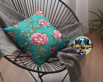 Peony floral decorative throw pillow floral accent pillow pink and teal pillow flower sofa pillow living room decor housewarming gift pillow