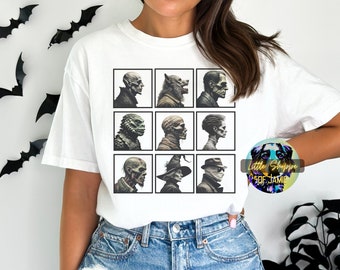 Maglietta grafica Halloween Classic Monsters, maglietta Frankenstein, mostro vampiro, maglietta regalo lupo mannaro, maglietta gotica regalo zombi, maglietta Nosferatu