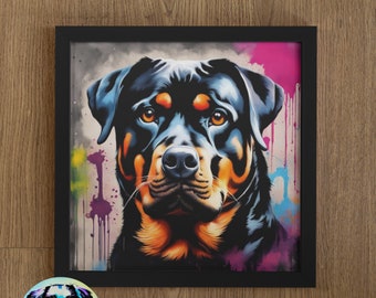 May include: A framed painting of a Rottweiler dog with a colorful abstract background. The dog is looking directly at the viewer with a serious expression. The background is a mix of pink, blue, yellow, and green.