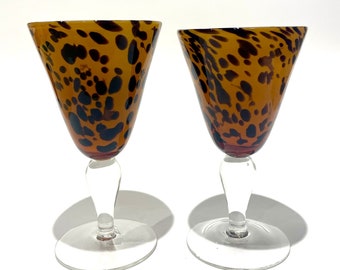 Vintage Amici Hand Blown Leopard Glasses Set of 2 | Eclectic Home Decor | Tortoise Glassware | Vintage Glassware | Unique Glassware