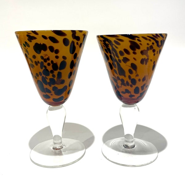 Vintage Amici Hand Blown Leopard Glasses Set of 2 | Eclectic Home Decor | Tortoise Glassware | Vintage Glassware | Unique Glassware