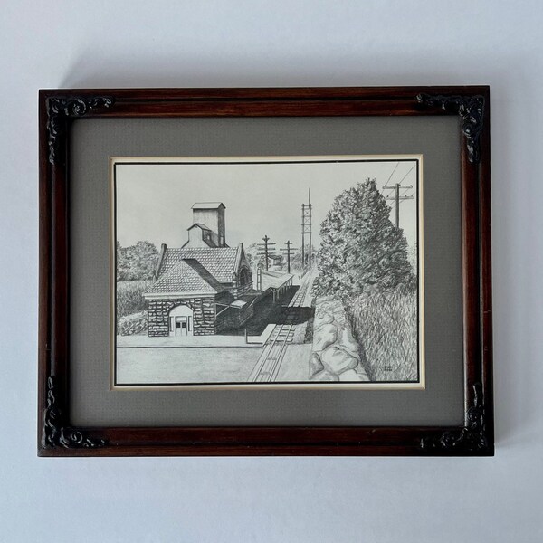 Vintage Railroad Train Station Sketch, Retro Black and White Building Framed Wall Art