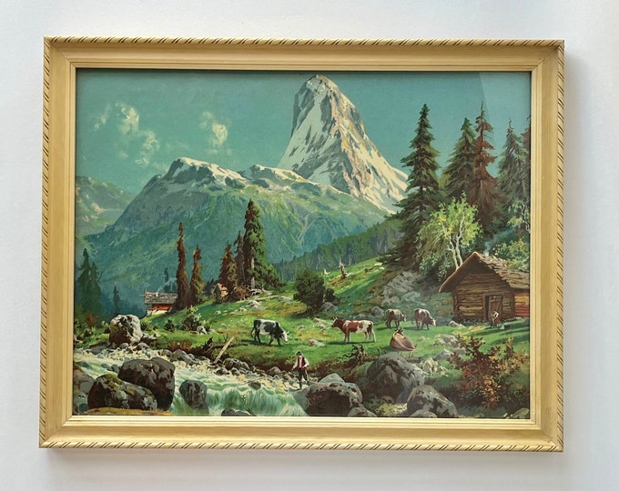 Vintage Framed Landscape Print, Retro Swiss Alps Mountains and Cows