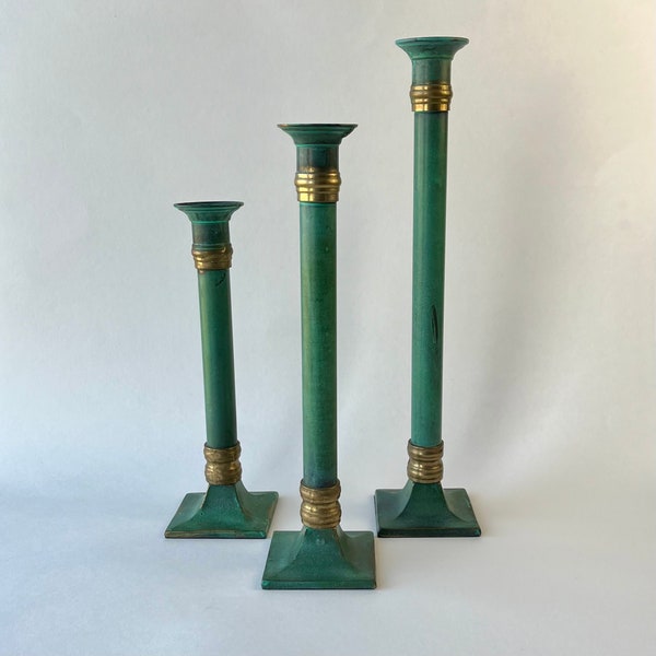 Vintage Graduated Candle Holders, Set Of 3 Columnar Aged Copper Style Taper Candlestick Holders