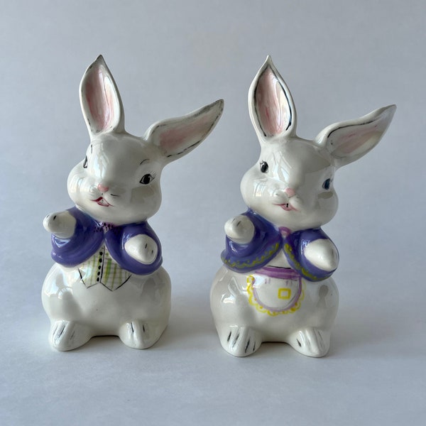 Vintage Rabbit Figurines, Retro Bunny Pair In Purple Shirts, Hand Painted Anthropomorphic Ceramic Animal Figures