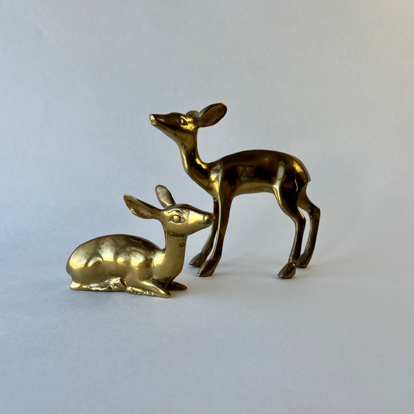Vintage Brass Deer Figurines, Pair Of Doe Fawn Deer Decorative Animal Figures