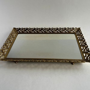 Vintage Decorative Mirror Tray, Rectangular Gold Tone Metal Filigree Vanity Display Tray