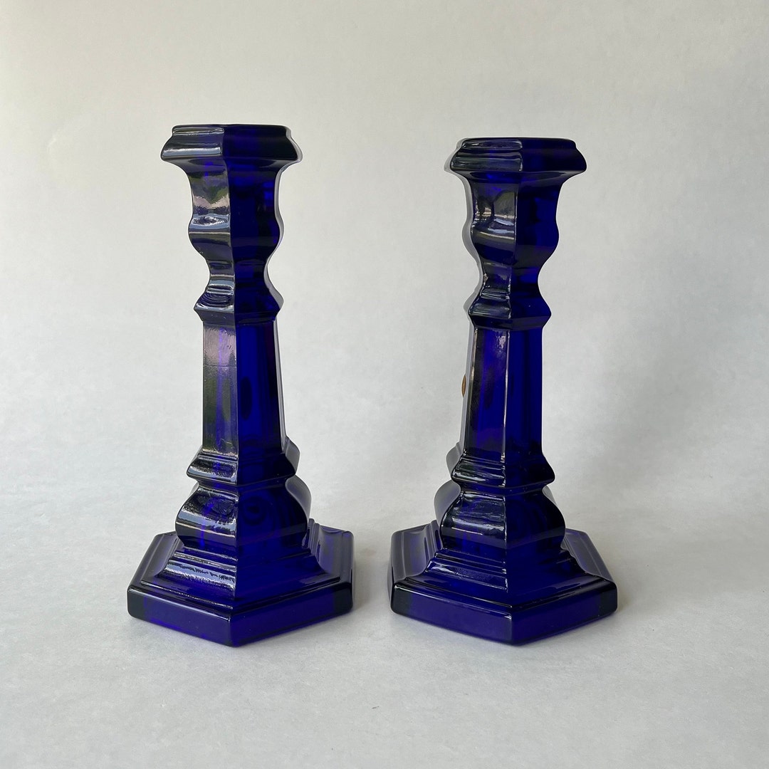 Vintage Cobalt Blue Candle Holders, Retro Pair of Dalzell Viking Glass MMA Candlestick Holders