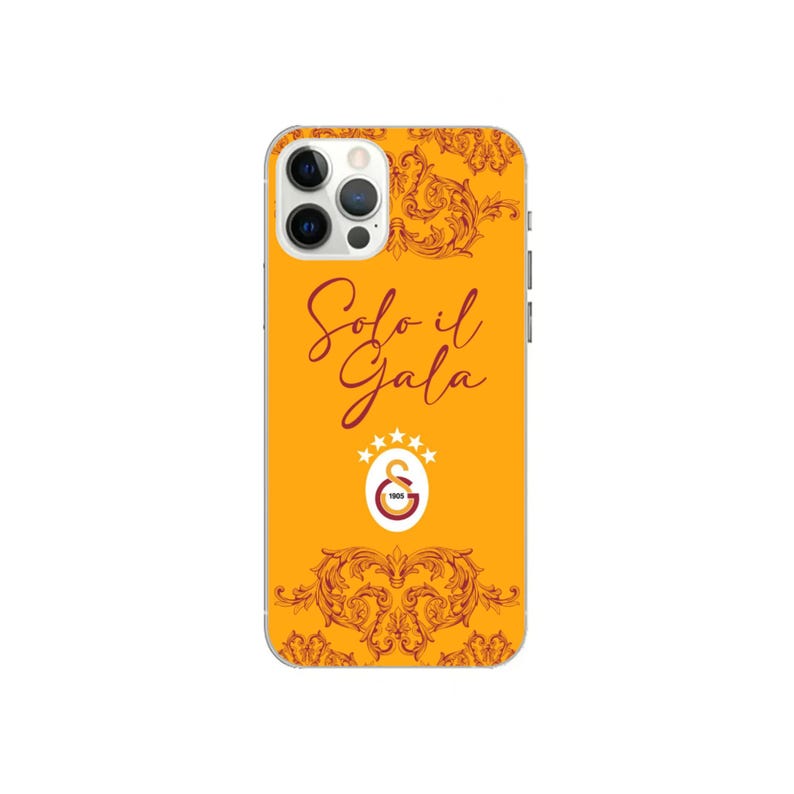 May include: A phone case with an orange background and a decorative pattern. The case features the text "Solo il Gala" in a script font, along with the Galatasaray logo and stars. The case is designed to fit a smartphone.