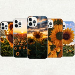 May include: Five smartphone cases arranged in a row, each featuring a distinct photographic print of sunflowers. The designs include close-up views of individual sunflower heads and wide-angle landscape scenes of sunflower fields at sunset.