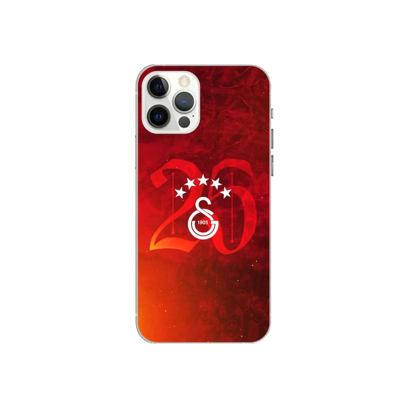 May include: A red phone case with a gradient design. The case features a white graphic with the number 20, five stars, and the Galatasaray logo. The phone case is designed for a smartphone.