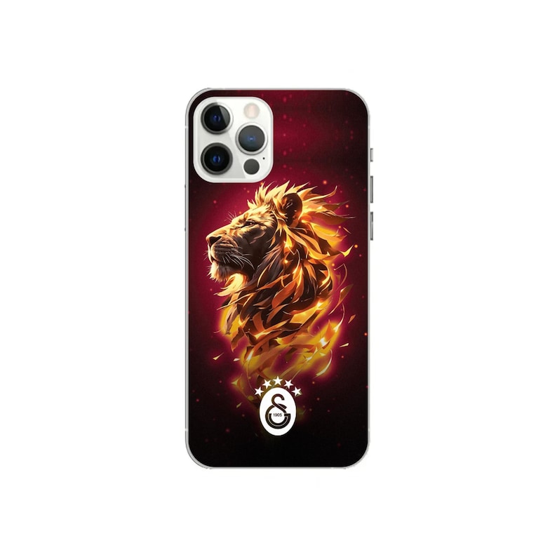 May include: A phone case featuring a stylized lion's head with a fiery mane and a red and black background. The case also displays a white emblem with a circular design and text.