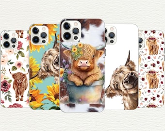 Scotland Highland Cow Phone Case, Floral Cow Gift, Watercolour Painting, Iphone 16, 15, 14, 13, 12, 11, X, Galaxy S, Note, Custom Phone Case