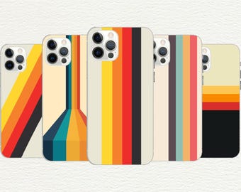 May include: Five smartphone cases arranged in a row, each featuring a distinct pattern of vertical or diagonal stripes in shades of yellow, orange, red, black, teal, and cream. Each case has a camera cutout in the upper left corner.