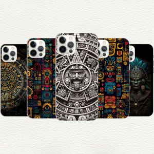 May include: Five different phone cases featuring colourful Aztec-inspired designs. The designs incorporate geometric patterns, stylised figures, and intricate details.