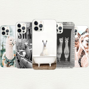 May include: Six different phone cases featuring various images of llamas. The cases are all white and have a black and white design. One case features a llama in a bath, another features a llama in a car window, and another features two llamas standing in a doorway.