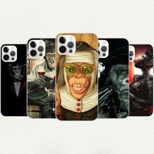 May include: Five smartphone cases featuring anthropomorphic chimpanzee illustrations. Designs include a chimpanzee in a tuxedo, a bartender with wine, a nun with green glasses, a dark figure with a firearm, and a chimpanzee in a leather jacket.