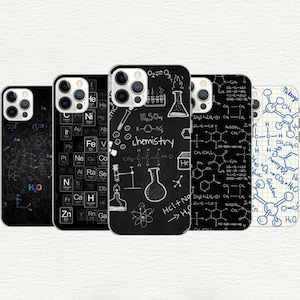 May include: Five different phone cases with a black background and white chemical formulas, equations, and diagrams. The cases feature a variety of chemistry-related designs, including periodic tables, molecular structures, and lab equipment.