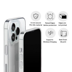 Puede incluir: Una funda de tel&eacute;fono transparente vista desde atr&aacute;s y de lado, con material TPU/GEL seguro de 1,5 mm, bordes elevados para protecci&oacute;n, bordes sin imprimir, carga inal&aacute;mbrica y acabado mate HD, con etiquetas de texto que detallan las funciones.