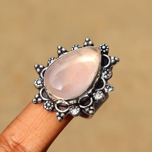 Stunning Rose Quartz Ring/ 925 Silver Plated Ring/ Rose Quartz Ring/ 7 US Size Ring/ Large Rose Quartz Ring/ Rose Quartz Statement Ring!